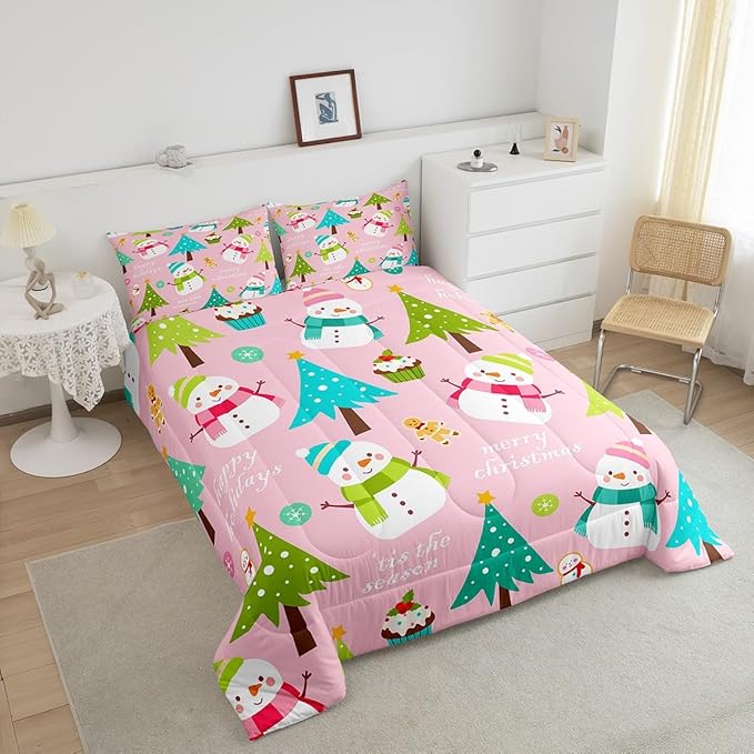 Erosebridal Merry Christmas Comforter Set for Kids,Pink Xmas Decor Bedding Set Full Size,Cartoon Snowman Quilts Christmas Tree Down Comforter for Girls Boys Teens Bedroom Decor