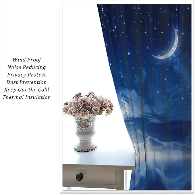 Star Night Sky Blackout Curtains, Moon Foggy Clouds Landscape Theme Print Window Drapes for Kids Girls Bedroom Living Room 72" W X 63" L