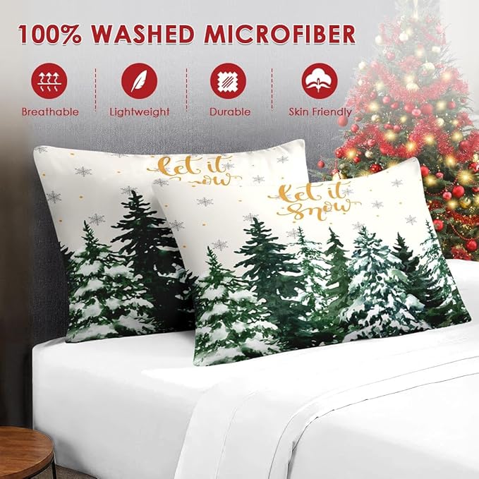 7 Pcs King Size Christmas Comforter Set with 2 Pillowcases & 2 Shams, Countryside Nature Snowy Bedding for Kids and Adults, Winter Forest Green Pine Tree Bed in a Bag with Flat Fitted Sheet