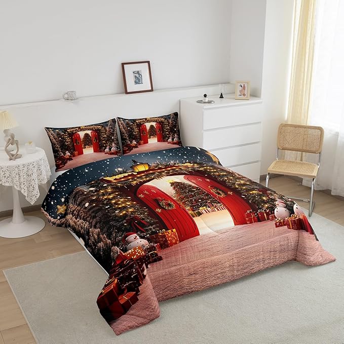 Feelyou Merry Christmas Bedding Set for Kids Boys Girls King Size Christmas Tree and Snowman Comforter Set Ultra Soft Comforter Snowflake Duvet Quilt Bedroom Decor Decorations Quilt