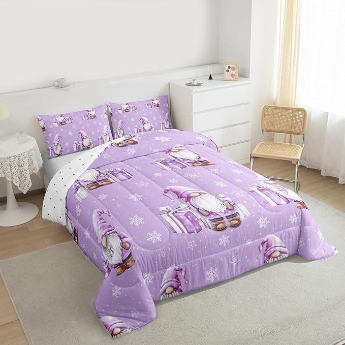 Feelyou Purple Christmas Kids Comforter Set King Size Scandinavian Christmas Santa Gnomes Bedding Set Xmas Snowflake Duvet Quilt for Kids Boys Girls Bedroom Decor Ultra Soft Breathable