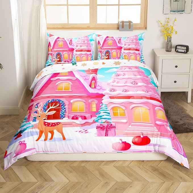 Feelyou Christmas Pink Comforter Cover Set Cute Deer Print Bedding Set Twin Size for Kids Boys Girls Bedroom Bed Decor Xmas Christmas Duvet Cover Soft Bedspread Cover,No Comforter