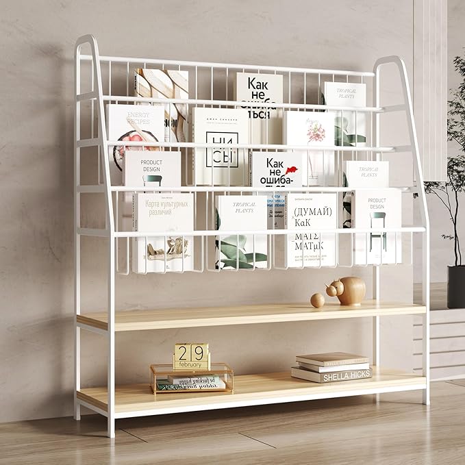 Metal Kids Bookshelf and Toy Storage Organizer,6 Tier Childrens Bookcase,Magazine Rack Floor,Book Shelf for Kids Rooms Classroom Nursery Living Room Office (White, L:39.4")
