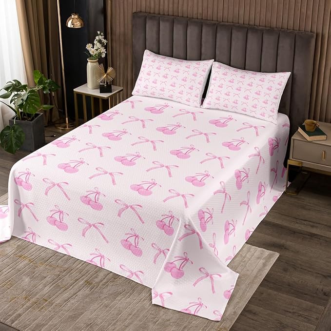 Manfei Cartoon Bowknot Kids Bedspread King Size,Pink Bow Tie Butterfly Knot Princess Coverlet Set,Girls Women Room Decor,Cherry Bow Patchwork Quilted Coverlet,Romantic Bedding Quilt,2 Pillowcases