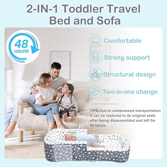 Toddler Travel Bed, Portable Toddler Bed & Chair 2-in-1 – Convertible Travel Crib with Storage Pockets, Built-waterproof Oxford Cloth, Easy,Washable Covers,Soft Dutch Velvet (Stars Pattern)