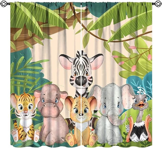 Animals Curtains Colorful Forest Cartoon Cute Zebra Tiger Elephant for Kids Boys Girls Nursery Bedroom Living Room Blackout Rod Pocket Decoration Window Drapes 2 Panels W21xL45in