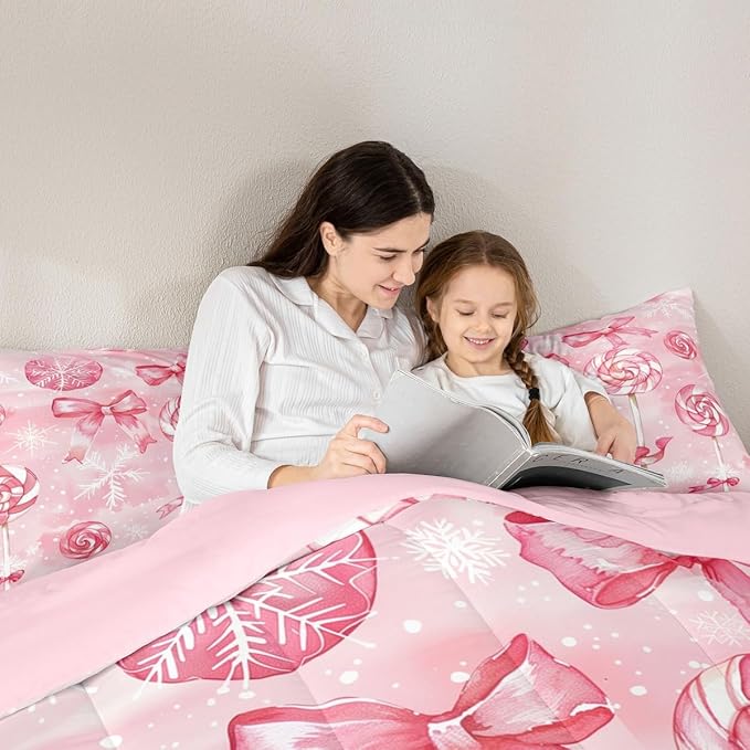 Feelyou Pink Bow Comforter Set Toddler Size Pink Lollipops Bedding Set for Kids Boys Girls Watercolor-Style Duvet Quilt Xmas Snowflake Bedroom Decor Christmas Microfiber 2 Pcs with 1 Pillow Cases