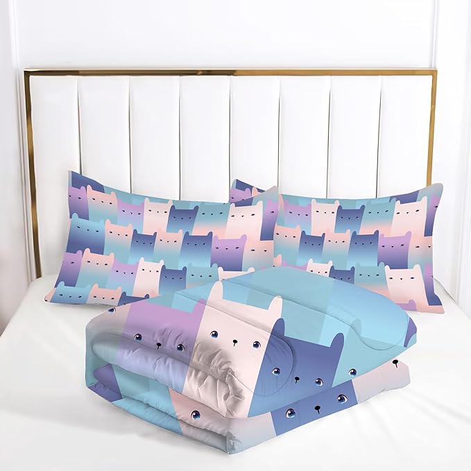 Cat Comforter Set King: Blue Purple Kawaii Cats Bedding Set for Women Men Adults King Size Gradient Cat Quilts Cute Pink Kitten Bed Sets 1 Comforter & 2 Pillowcases