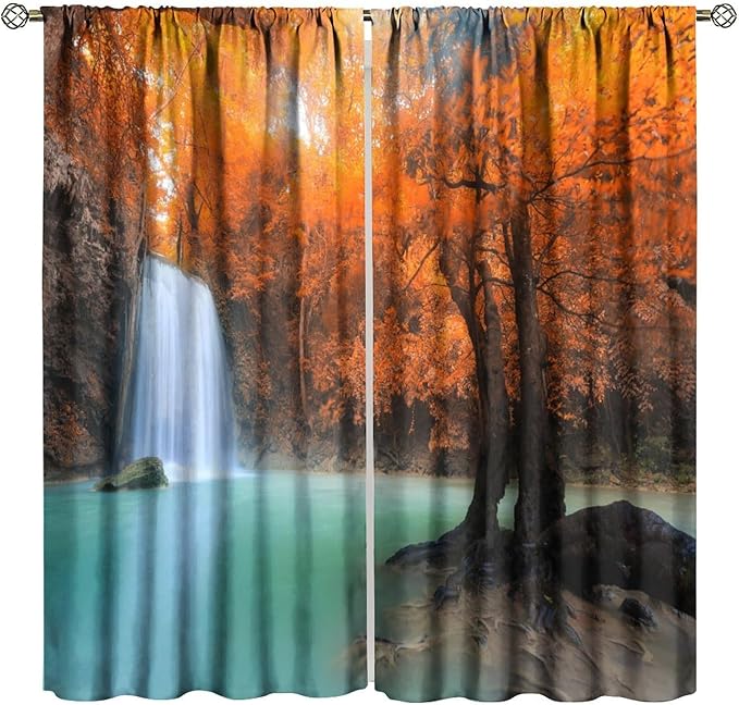 Forest Waterfall Blackout Curtains, Fall Leaves Trees Jungle Autumn Stream Country Nature Landscape Scenery Window Drapes, for Bedroom Living Room 84" W X 84" L
