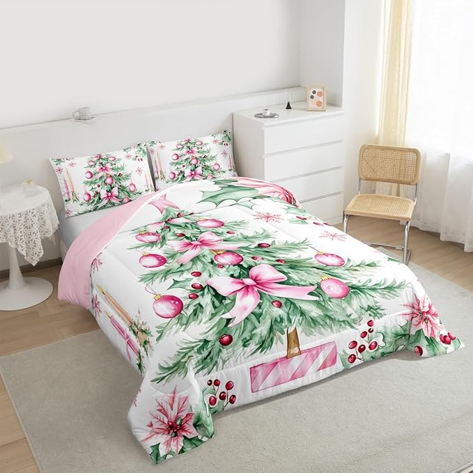 Feelyou Pink Christmas Comforter Set Full Size Xmas Tree Bedding Set for Kids Boys Girls Xmas Ornaments Duvet Quilt Snowflake Bow Bedroom Decor Microfiber 3 Pcs with 2 Pillow Cases