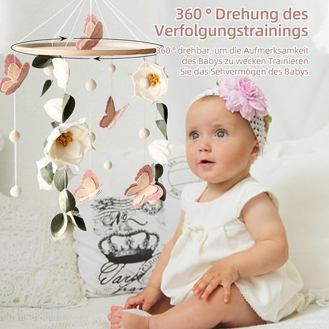 Floral Baby Mobile Nursery Decor Felt Flowers Butterflies Baby Mobile for Crib Boys Girls Boho Style Neutral Baby Gift Hanging for Nursery Decor Accessories