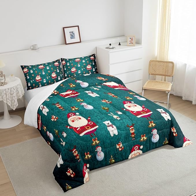 Christmas Comforter Set Cute Snowman Santa Claus Kids Decorations Bedding Set Boys Girls Bear Rabbit Comforter Christmas Bells Design Teal Blue Quilt with 2 Pillowcases 3Pcs Bedding Full