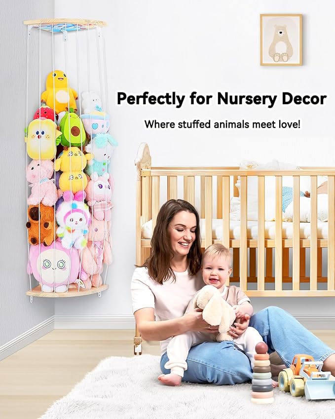 Corner Stuffed Animal Storage Net - Heigh Adjustable Wood Stuffed Animal Organizer - Large Wall Plush Holder Teddy Bear Storage for Bedroom Kids Room Nursery Decor (Natural Pine with Dolphin Pattern)