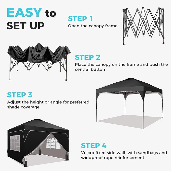 GDY 12x12FT Pop Up Canopy Tent with One Push Setup, Easy to Install with 4-Sidewalls for Events, Parties, Camping, Outdoor Gazebo with 4-Sandbags, Black.