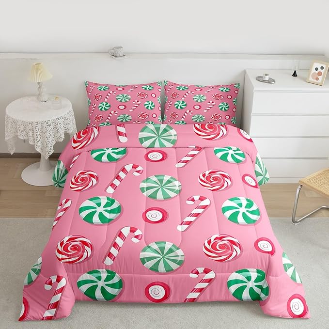 Feelyou Christmas Comforter Set Toddler Size Candy Bedding Set for Kids Boys Girls Xmas Theme Duvet Quilt Bedroom Decor Microfiber 2 Pcs with 1 Pillow Cases