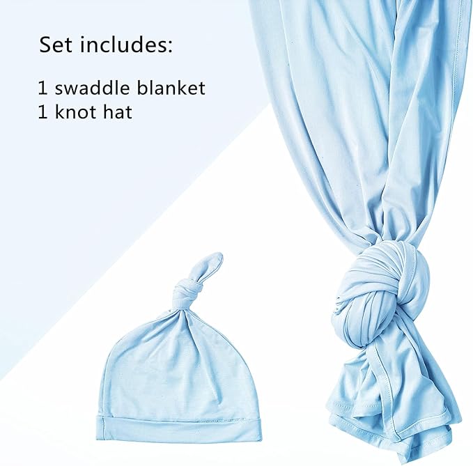Newborn Swaddle Blanket with Hat Set Baby Swaddle Set Hospital Receiving Blankets for Girls Boys(Babyblue)