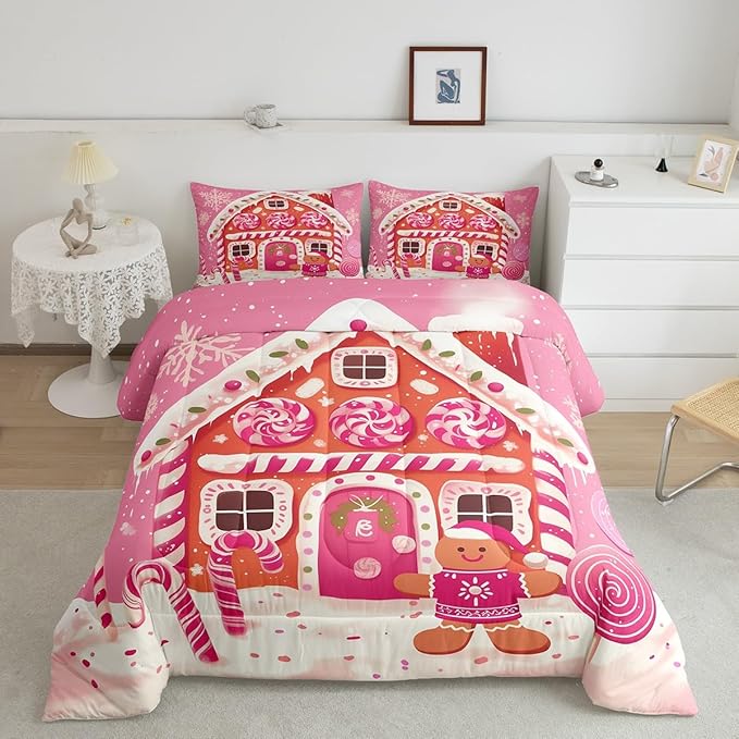 jejeloiu Kids Christmas Theme Comforter Set Twin Size Xmas Gingerbread Man Candy Cane House Bedding Set for Boys Girls Teens Hot Pink Winter Happy New Year Duvet Quilt Room Decor