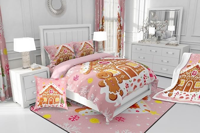 Feelyou Christmas Gingerbread Bedding Set Soft for Boys Girls,Gingerbread House Comforter Set Full Size Winter Holiday Decor Duvet Quilt Cute Snowflake Room Decor Pink Decor 3 Pcs with 2 Pillow Cases