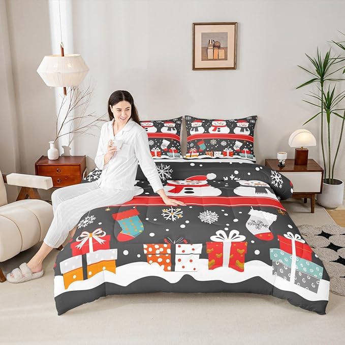 Feelyou Christmas Comforter Set Toddler Size Snowman Bedding Set for Kids Boys Girls Snowflake Duvet Quilt New Year Gift Bedroom Decor Microfiber 2 Pcs with 1 Pillow Cases