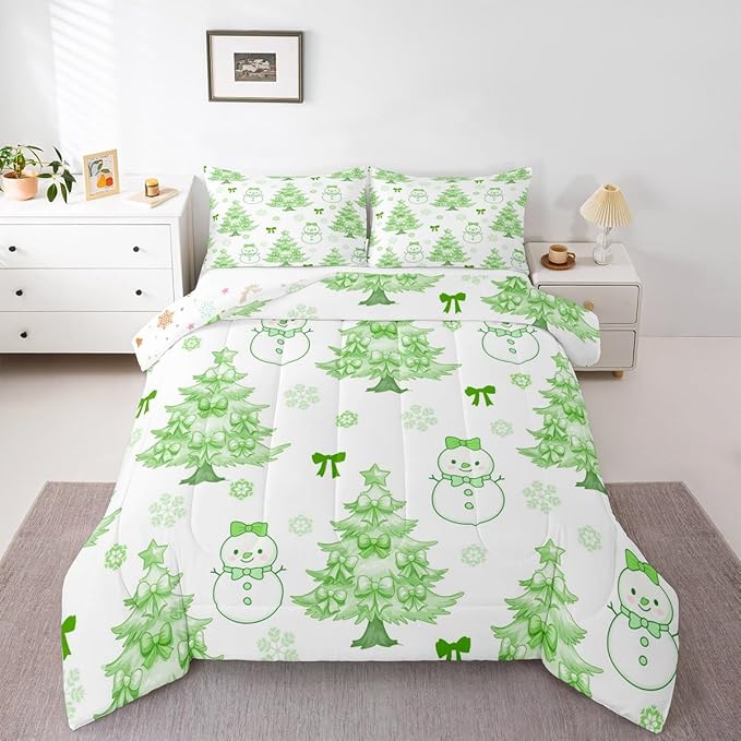 Feelyou Merry Christmas Comforter Set All Season Cute Snowman Bedding Set with 2 Pillow Cases Cartoon Bowknot Microfiber Kids Queen Bedclothes Christmas Tree Duvet Quilt Breathable Soft Lightweight