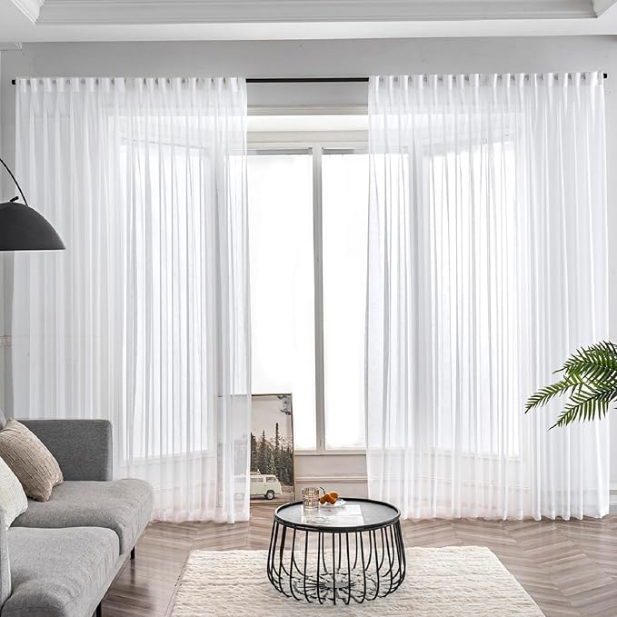 White Sheer Curtains 96 Inches Long 1 Panel, 50 Inch Width, Thin Textured Linen Look Sliding Glass Door Curtain, Rustic Elegant Window Treatments, Pinch Pleated Drapes for Living Room