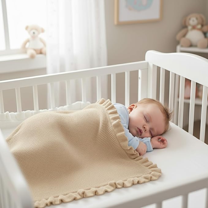 Cotton Baby Blanket with Ruffle Edge Soft Breathable Newborn Blanket for Boys & Girls, Lightweight Knit Throw for Crib, Stroller & Nursery Multiple Colors Available Cream 30x30