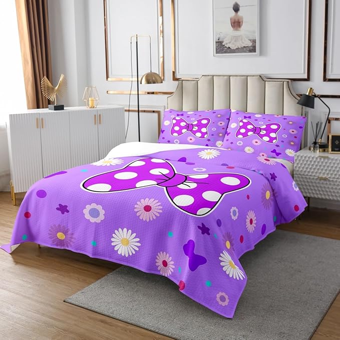 Manfei Purple Bowknot Kids Bedspread Queen Size,Star Daisy Floral Geometric Dots Patch Coverlet Set,Girls Women Room Decor,Bow Tie Princess Cute Quilted Coverlet,Romantic Bedding Quilt,2 Pillowcases