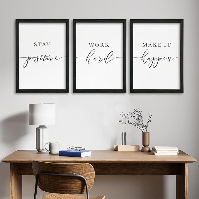 YWJKWLGS Inspirational Office Wall Art Set 11x16 Inch 3 piece Motivational Quotes Wall Decor Stay Positive Work Hard Make It Happen Signs for Home & Office Wood Framed Hanging (Black)