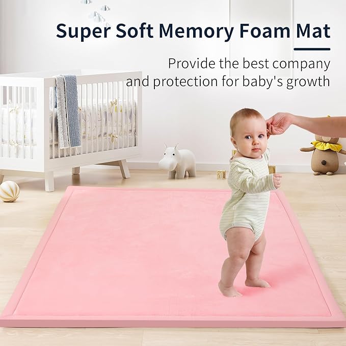 ACOMOPACK Baby Play Mat for Floor 1.3" Thick Memory Foam Play Mat 39"×59" Tummy Time Crawling with Non-Slip Bottom for Living Room,Nursery,Soft Velvet Playpen Mats for Kids,Infants（Pink）