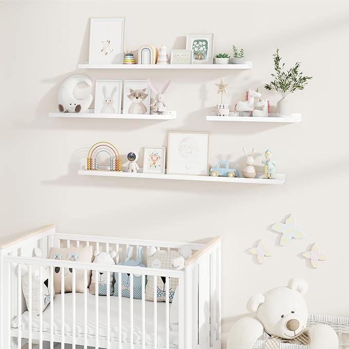 Fun Memories Picture Ledge Shelf, Pine Wood Floating Shelves Set of 2, 48 inch Nursery Book Shelves, Photo Ledge Book Shelves Wall Mounted for Living Room Kids' Room Bedroom - White