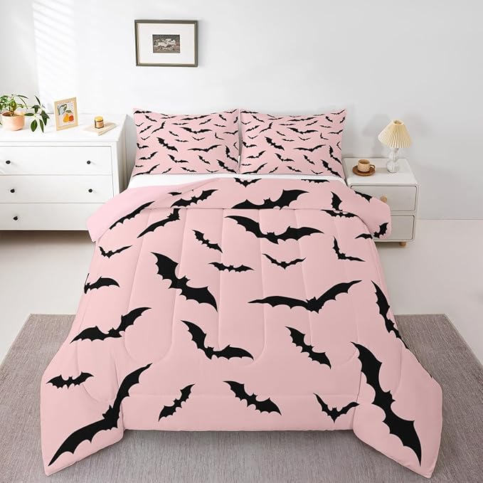 Erosebridal Pink Halloween Bedding Set Gothic Bats Comforter Set Toddler Size,Spooky Halloween Decor Quilt for Kids Boys Girls Adults Black Pink Goth Themed Duvet Insert,Goth Horror Animal