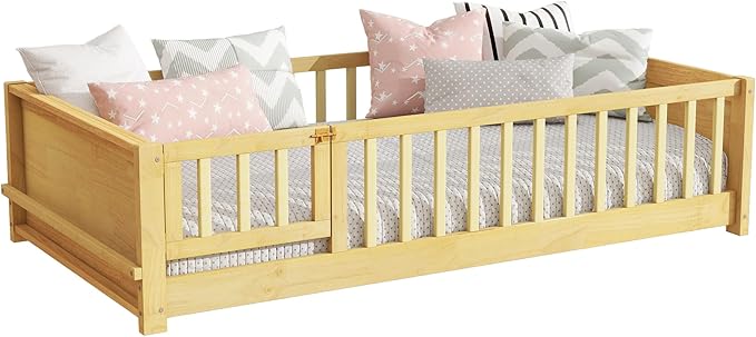 Twin Size Kids Montessori Floor Bed with Door,Twin Floor Bed Frame with Slats and Bookcase,Solid Wood Montessori Bed for Girls Boys,Natural