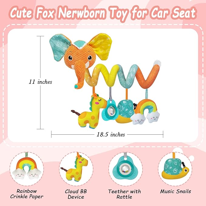 FATI Car Seat Toys for Babies 0-6 Months, Sensory Toys with Squeaker Teether Rattles, Ideal Gifts