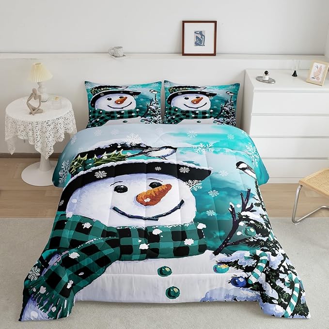Feelyou Kids Christmas Theme Decorations Bedding Set Xmas Snowman Comforter Set for Boys Girls Watercolor Teal Bedroom Collection King Size