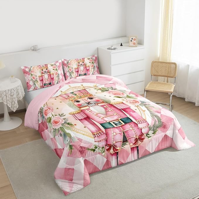 Feelyou Christmas Comforter Set All Season Pink Nutcrackers Bedding Set with 2 Pillow Cases Rose Kids King Bedclothes Floral Bedroom Decor Funny Nutcracker Duvet Quilt Breathable Soft Lightweight