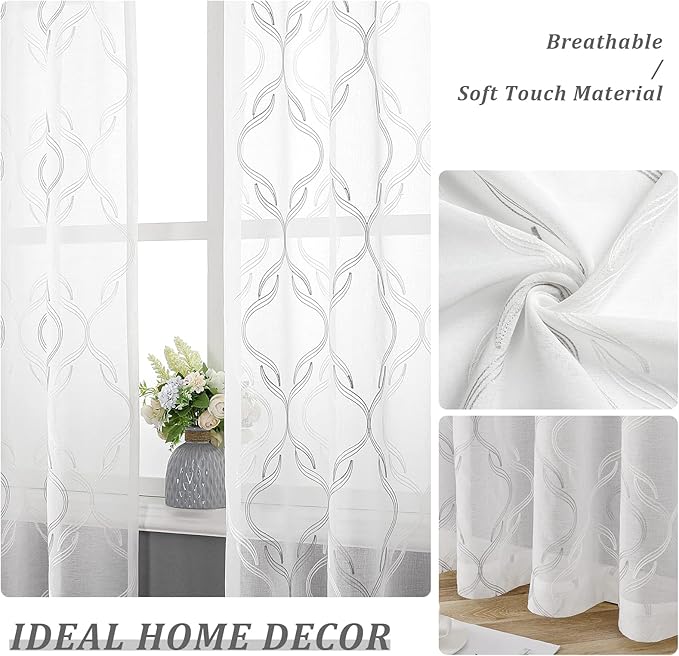 VISIONTEX Sheer Curtains 63 Inches Long 2 Panels Set, Grey and Ivory Moroccan Embroidery Texture Geometric Rod Pocket White Voile Tulle Semi Window Treatment Pair for Bedroom, W54 x L63