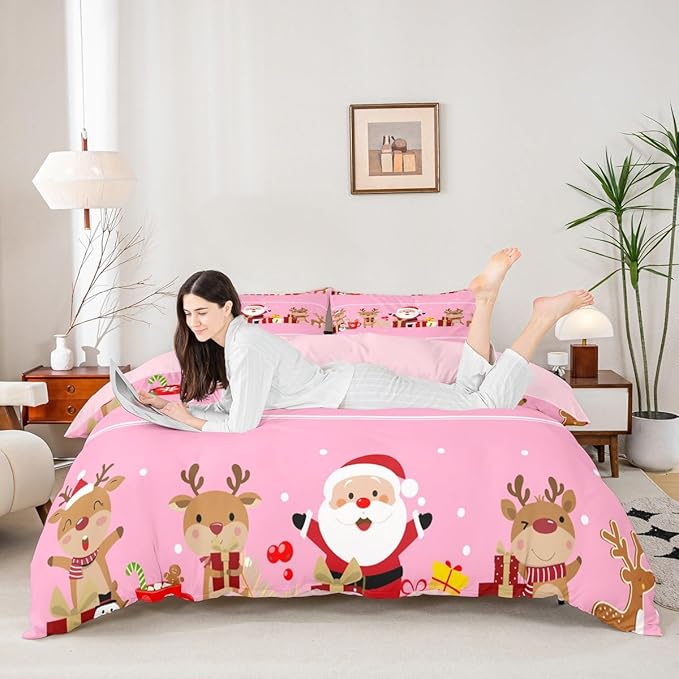 Christmas Bedding Duvet Cover Set Kids Cartoon Santa Claus Bedding Set Boys Girls Deer New Year Decor Comforter Cover Set Microfiber Gift Boxes Xmas Theme Bedspread Cover Bedroom Bedclothes Toddler