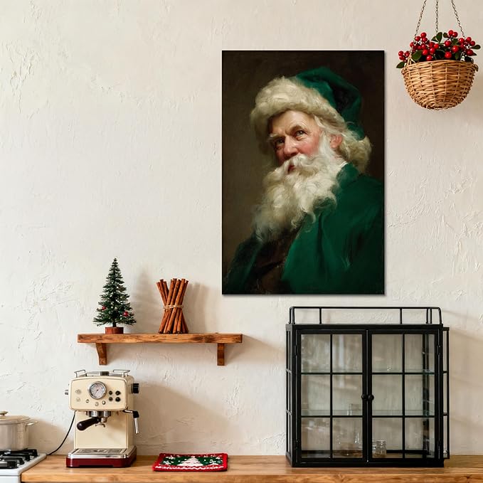 YONICA Christmas Canvas Wall Art Green Santa 36x46 Inch Historical Christmas Figure Art - Large Framed Gallery Wrapped Collectors Edition