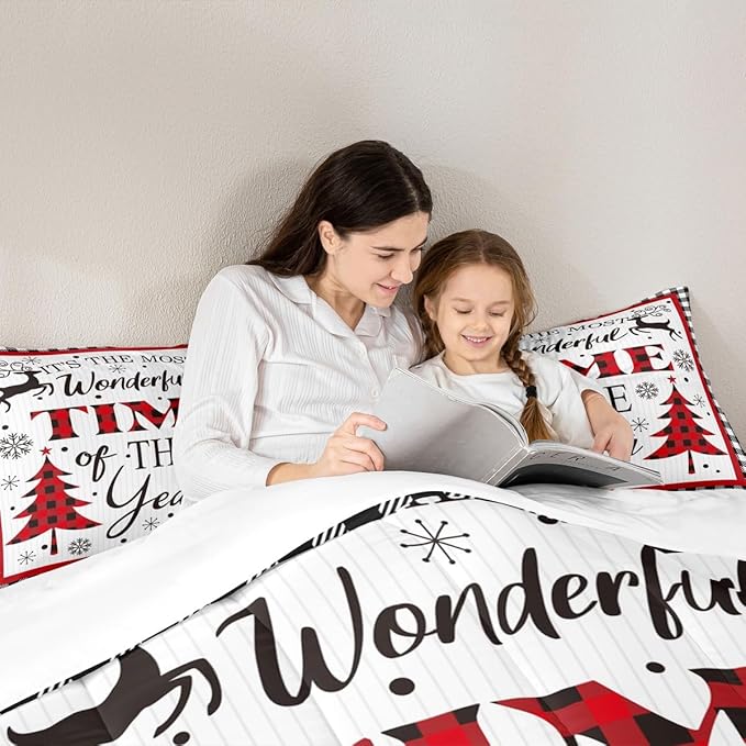 Merry Christmas Kids Comforter Set King Size,Snowflake Deer Pine Trees Romantic Bedding,Girls Boys Adults Bedroom/Xmas Cabin Decor,Grids Stylish Down Comforter,Rustic Duvet Insert,2 Pillowcases