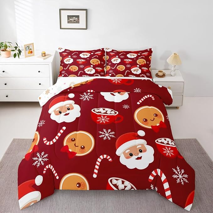 Feelyou Merry Christmas Comforter Set Queen Size Santa Claus Bedding Set for Kids Boys Girls Gingerbread Man Duvet Quilt Snowflake Bedroom Decor Microfiber 3 Pcs with 2 Pillow Cases