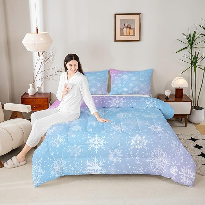 Feelyou Christmas Comforter Set All Season Winter Snowflake Bedding Set with 1 Pillow Cases Blue Purple Gradient Microfiber Kids Toddler Bedclothes Bedroom Decor Duvet Quilt Breathable Soft
