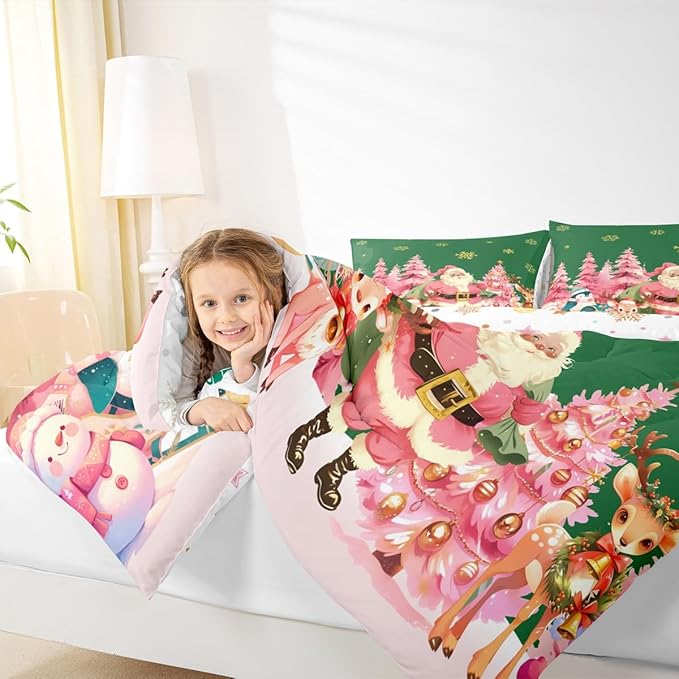 jejeloiu Merry Christmas Comforter Set King Size Santa Claus Bedding Set for Kids Boys Girls Cute Deer Duvet Quilt Green Bedroom Decor