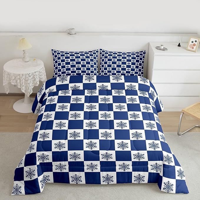 Feelyou Christmas Bedding Set Soft for Boys Girls, Checkered Comforter Set King Size Snowflake Duvet Quilt Microfiber Xmas Decorations Bedroom Decor Blue 3 Pcs with 2 Pillow Cases