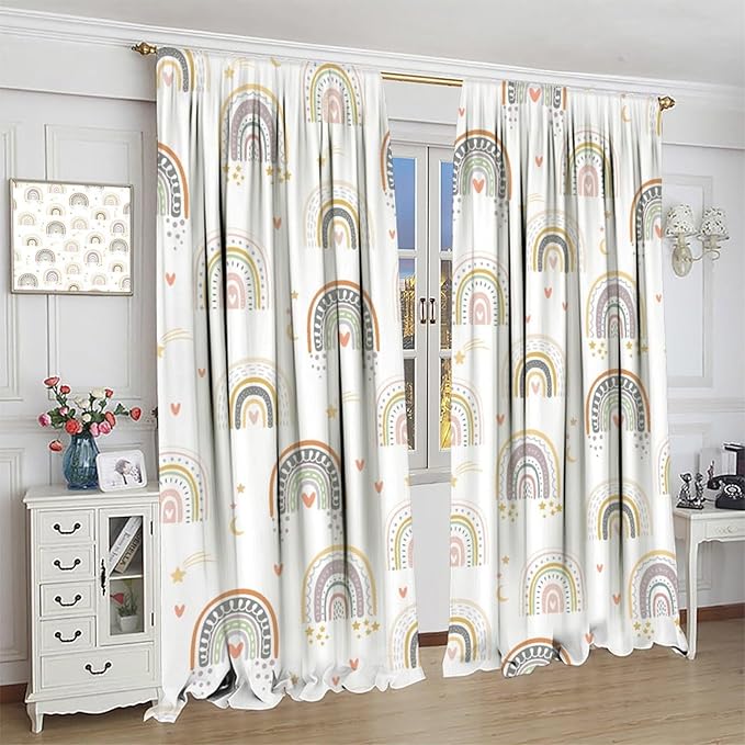 Kids Rainbow Curtains Boho Cartoon Colorful Stars Love Heart Lovely Abstract Art Pattern Print Window Drapes for Girl Bedroom Living Room Kitchen Decor,2 Panel Set,42Wx45H Inch Decor