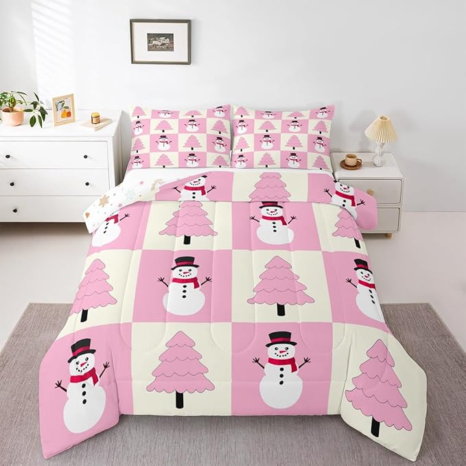 Feelyou Pink Christmas Kids Comforter Set Toddler Size Snowman Bedding Set Xmas Tree Duvet Quilt for Kids Boys Girls Bedroom Decor Microfiber Ultra Soft Breathable