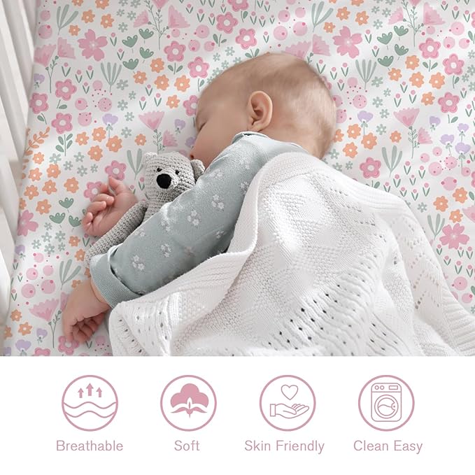 Little Grape Land Crib Sheets for Girls, Soft Microfiber Fitted Baby Sheets for Standard Crib and Toddler Mattress, 28x52x8 inch,Comfortable & Secure Fit (Pink & Floral)
