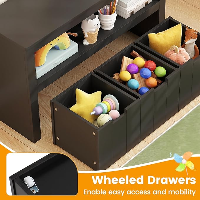 HONEY JOY Kids Toy Storage Organizer, Children Daycare Shelf, 3 Wooden Toy Box w/Wheels, Toddler Classroom Display Cabinet for Playroom, Nursery, Kindergarten (Black)