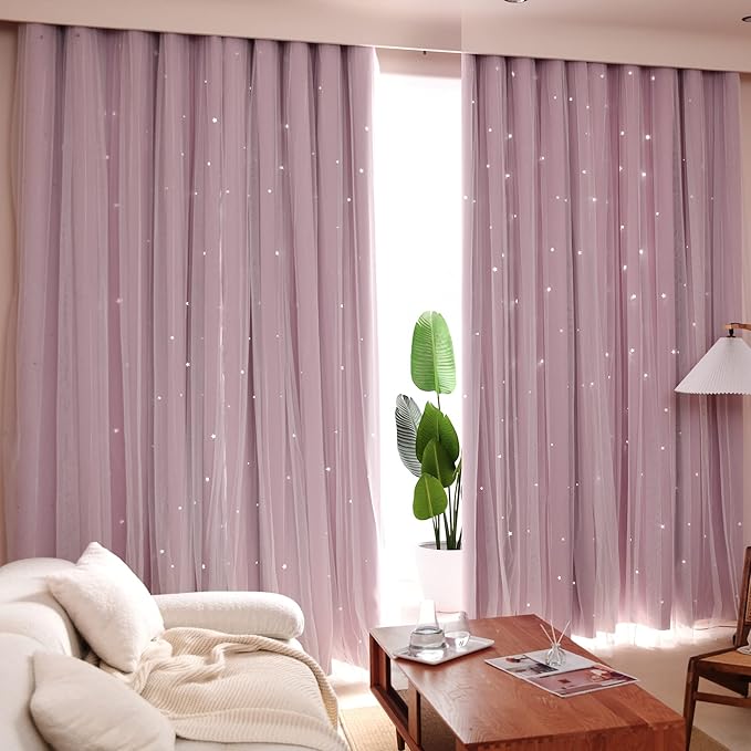 Kinryb Princess Curtains for Girls Bedroom with Sheer Overlay,Double Layer Curtain for Living Room with Star Cutout, Curtains for Kids Room (52 W*72 L Inches,2 Pcs Pink)