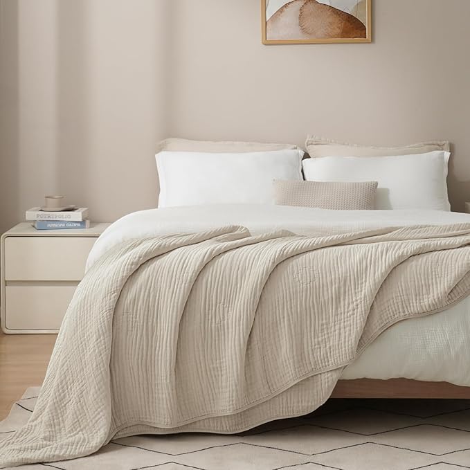 PHF Cooling Muslin Blanket Queen Size 90"x80", 6-Layer Lightweight Gauze Blanket Made from 35% Rayon Derived from Bamboo & 65% Cotton, Breathable & Ultra Soft Cozy, Aesthetic Home Decor, French Oak