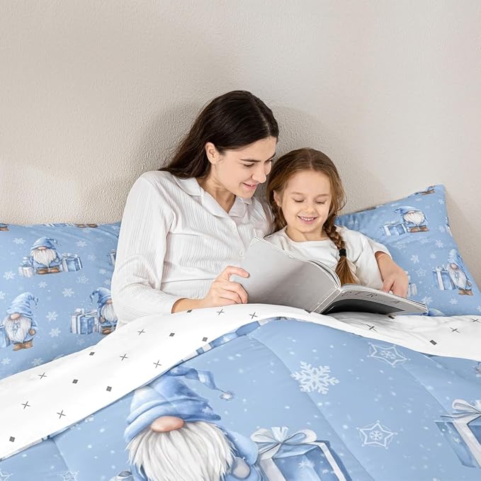 Feelyou Blue Christmas Comforter Set Toddler Size Scandinavian Christmas Santa Gnomes Bedding Set for Kids Boys Girls Xmas Snowflake Duvet Quilt Bedroom Decor 2 Pcs with 1 Pillow Cases